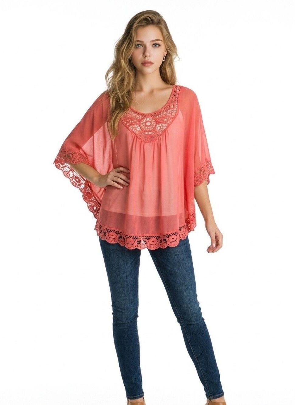 Women’s Blouse Top Sheers With Lace Tunic Size L Coral color Romeo & Juliet - Picture 2 of 13